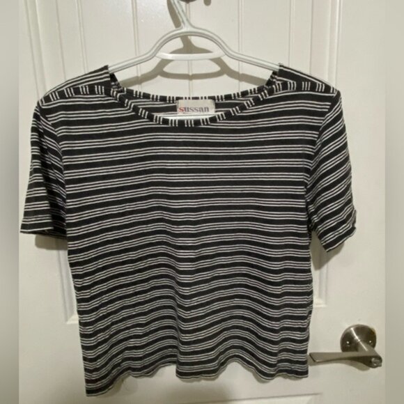 Vintage Sussan 90s Striped Cropped Tee - Size L - Picture 1 of 3